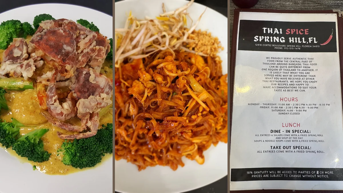 Freshly plated Thai meals with tea.