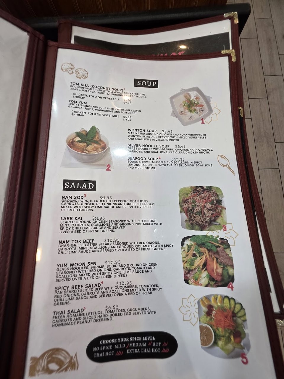 Appetizers, soup, and salad listed on the menu.