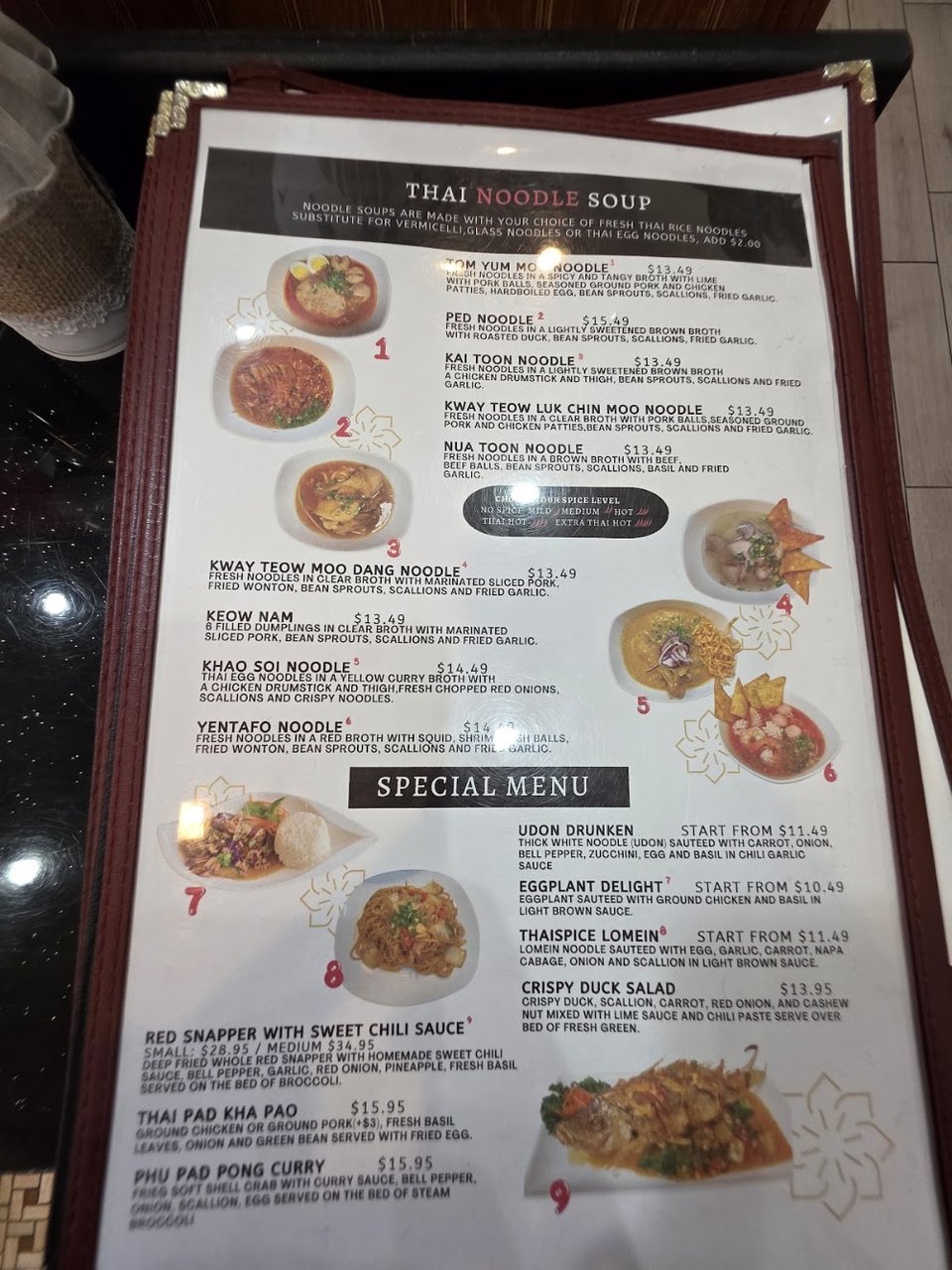 Thai tea and coconut soup appear on the menu.